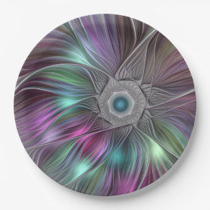 Colourful Big Flower Abstract Trippy Fractal Art Paper Plate