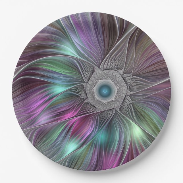 Colourful Big Flower Abstract Trippy Fractal Art Paper Plate (Front)