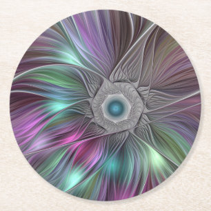 Colourful Big Flower Abstract Trippy Fractal Art Round Paper Coaster