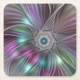 Colourful Big Flower Abstract Trippy Fractal Art Square Paper Coaster