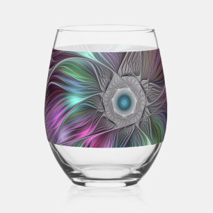 Colourful Big Flower Abstract Trippy Fractal Art Stemless Wine Glass