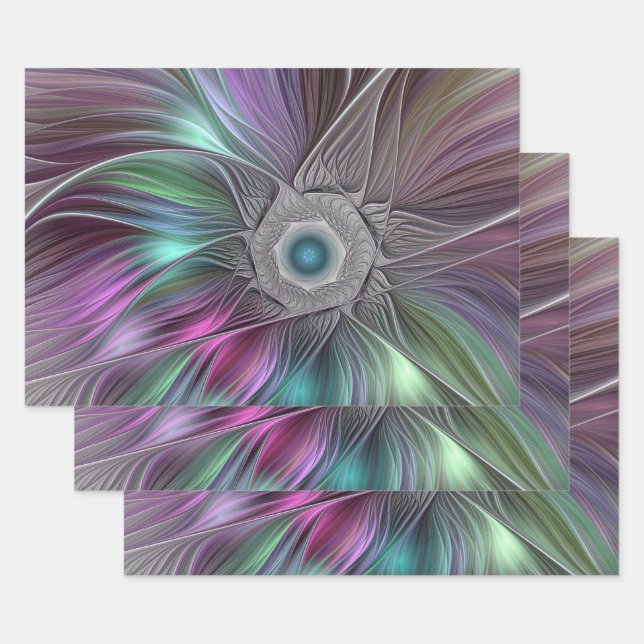 Colourful Big Flower Abstract Trippy Fractal Art Wrapping Paper Sheet (Set)