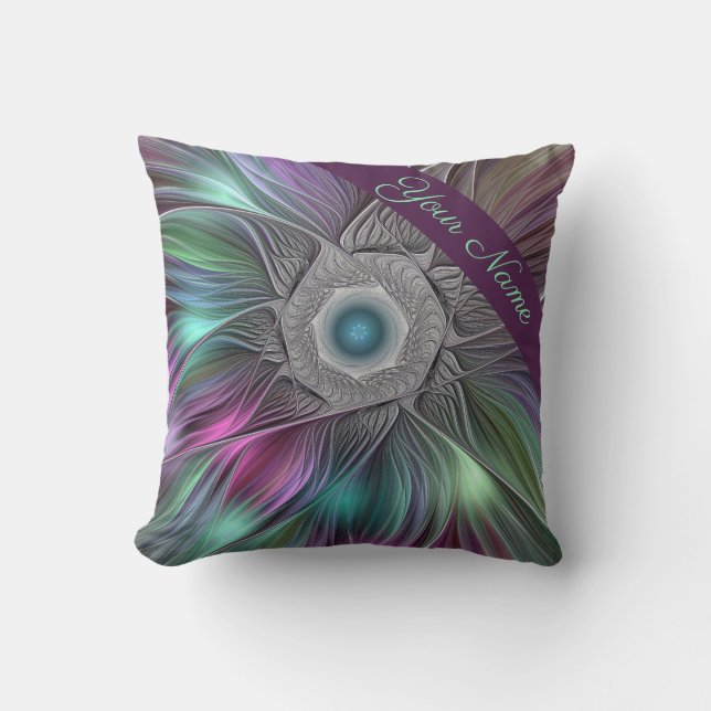 Colourful Big Flower Abstract Trippy Fractal Name Cushion (Front)