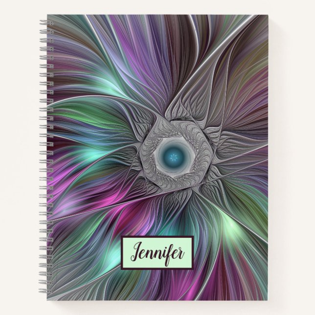 Colourful Big Flower Abstract Trippy Fractal Name Notebook (Front)
