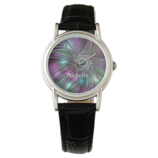 Colourful Big Flower Abstract Trippy Fractal Name Watch (Front)
