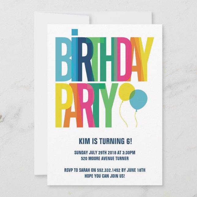 Colourful Big Letters Children's Birthday Party Invitation (Front)