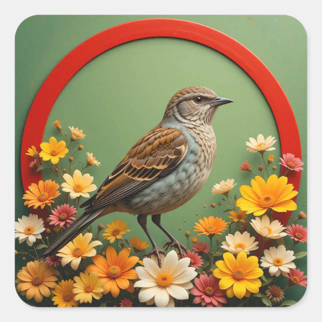 Rectangle Square Sticker Colourful Bird Amid Blooming Flowers in Decorative Square Sticker | Zazzle