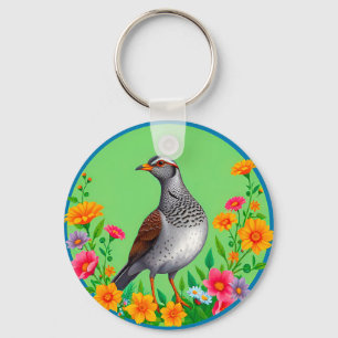 Colourful Bird Amid Blooming Flowers Key Ring