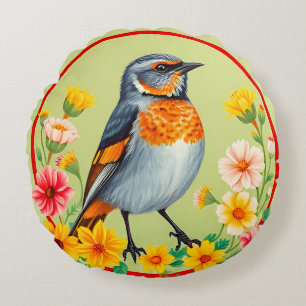 Colourful Bird Amid Blooming Flowers Nature Garden Round Cushion