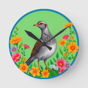Colourful Bird Amid Blooming Flowers Round Clock