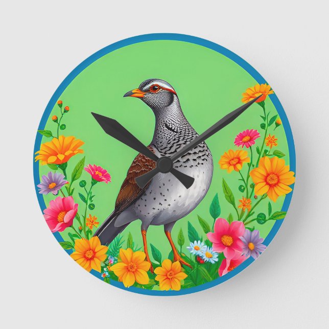 Colourful Bird Amid Blooming Flowers Round Clock (Front)