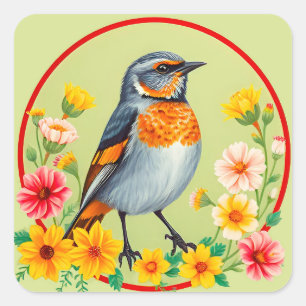 Colourful Bird Amid Blooming Flowers Square Sticker