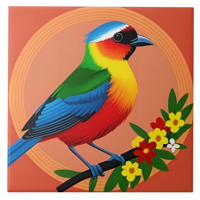 Colourful Bird Among Vibrant Flowers Ceramic Tile (Front)