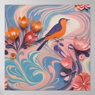 Colourful Bird and Floral Design - Paper Art Poster