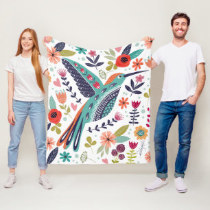Colourful Bird and Scandinavian Folk Art Flowers  Fleece Blanket
