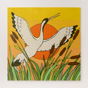 Colourful bird art with cattails and sunset sky jigsaw puzzle