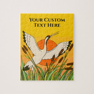 Colourful bird art with cattails and sunset sky jigsaw puzzle