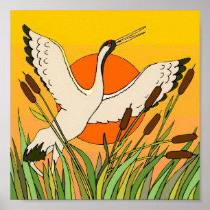 Colourful bird art with cattails and sunset sky poster