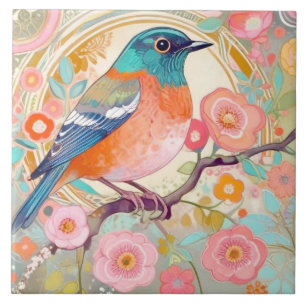 Colourful Bird Arty Pink Spring Flower Floral Ceramic Tile