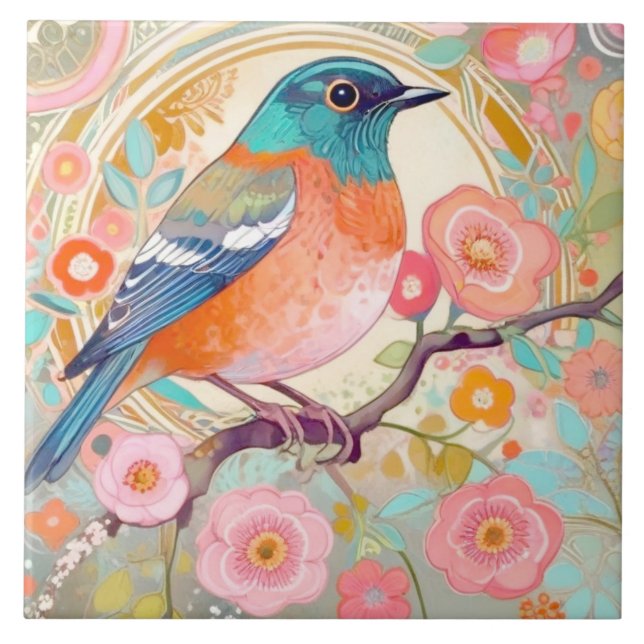 Colourful Bird Arty Pink Spring Flower Floral Ceramic Tile (Front)