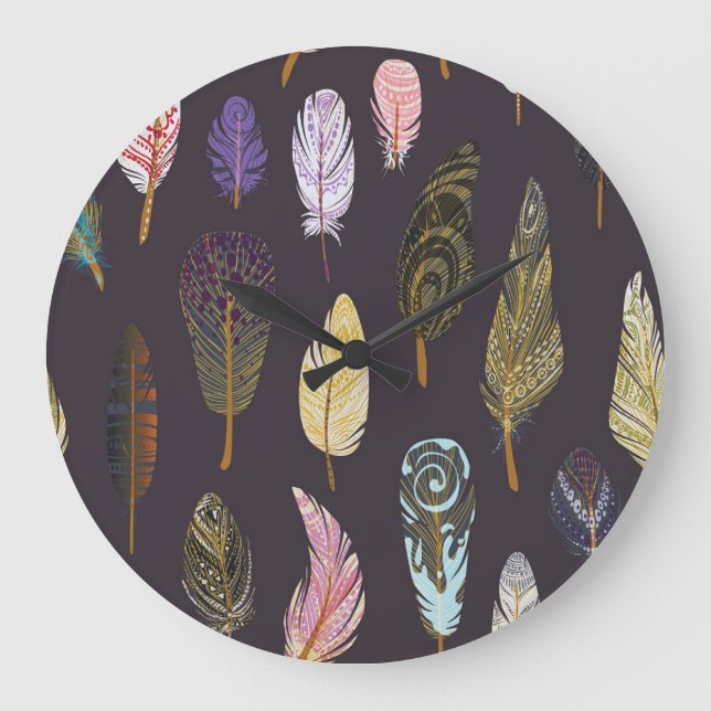 Colourful Bird Feathers Watercolor Pattern Large Clock (Front)