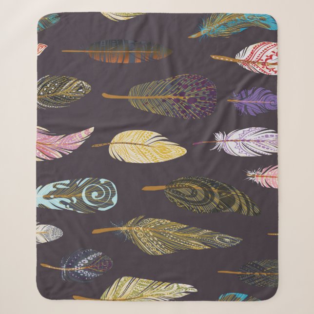 Colourful Bird Feathers Watercolor Pattern Sherpa Blanket (Front)