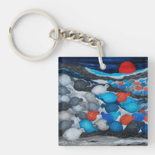 Colourful Bird Flock Red Moon Art Key Ring