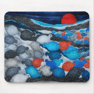 Colourful Bird Flock Red Moon Art Mouse Pad