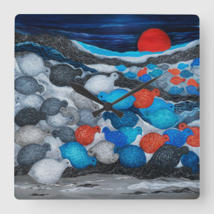 Colourful Bird Flock Red Moon Art Square Wall Clock
