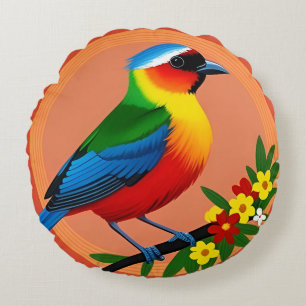 🐦 Colourful Bird Floral Branch Decor Round Cushion