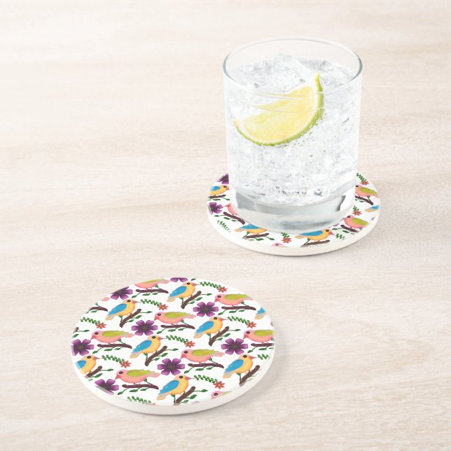 Colourful Bird Floral Seamless Pattern | Hand Draw Coaster (Side)