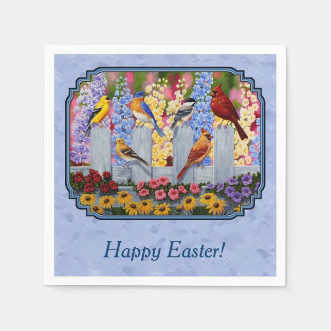 Colourful Bird Flower Garden Blue Napkin (Front)