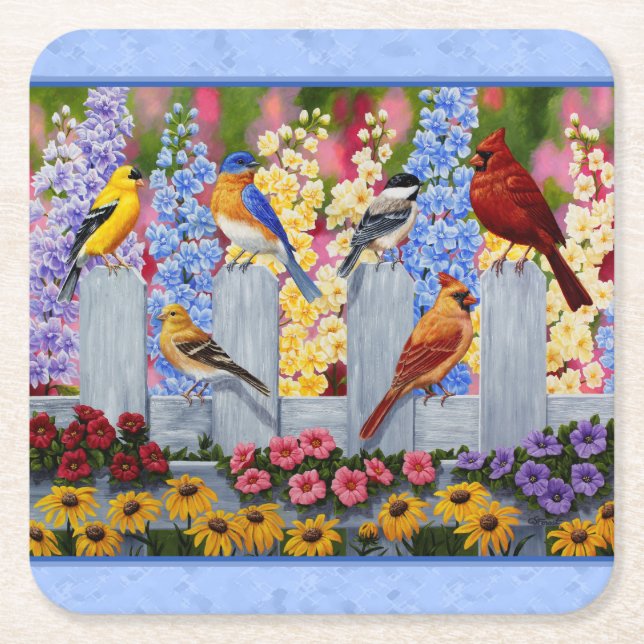 Colourful Bird Flower Garden Blue Square Paper Coaster (Front)