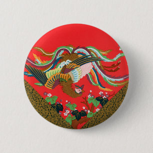 Colourful Bird Flower Tapestry Design Japanese Art 6 Cm Round Badge