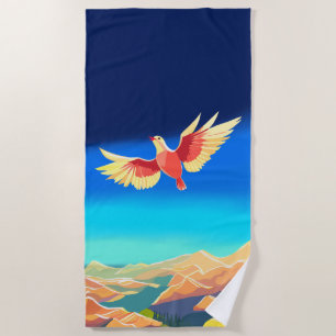 Colourful bird flying above the mountains beach towel