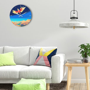 Colourful bird flying above the mountains large clock