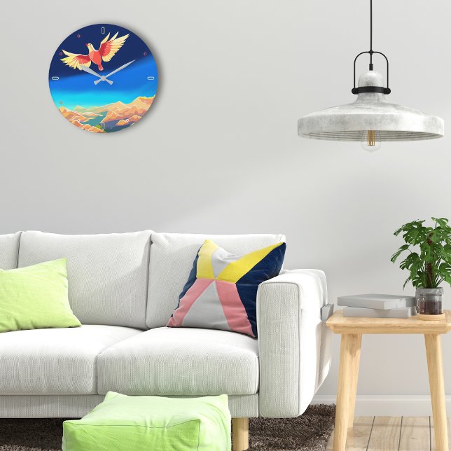 Colourful bird flying above the mountains large clock (Creator Uploaded)