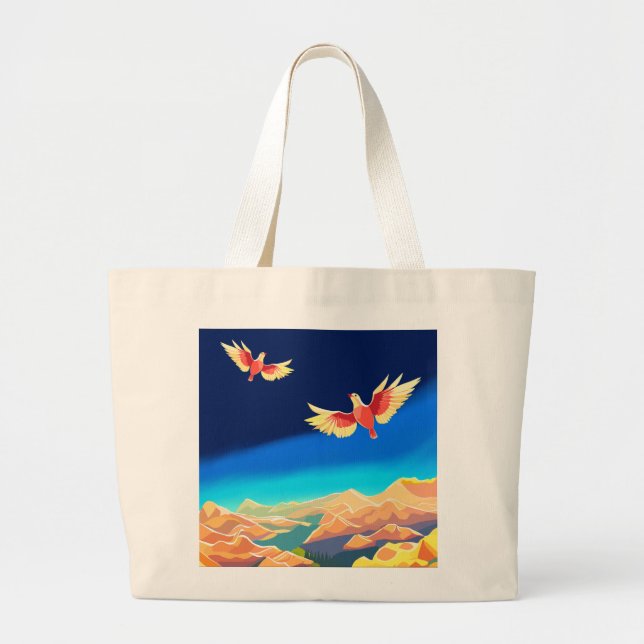 Colourful bird flying above the mountains large tote bag (Front)