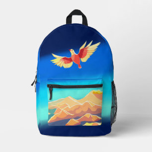 Colourful bird flying above the mountains printed backpack
