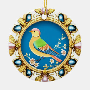 Colourful Bird Framed by Ornamental Pearls Ceramic Ornament