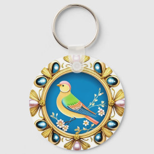 Colourful Bird Framed by Ornamental Pearls Key Ring