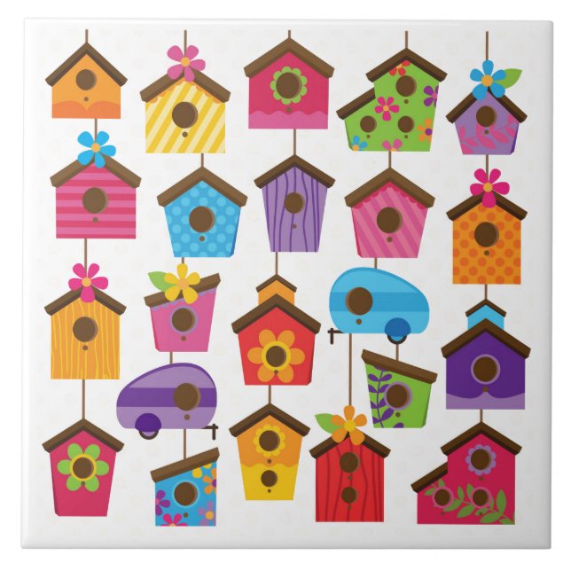 Colourful Bird Houses Design Ceramic Tile (Front)