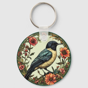 Colourful Bird in a Floral Design Key Ring