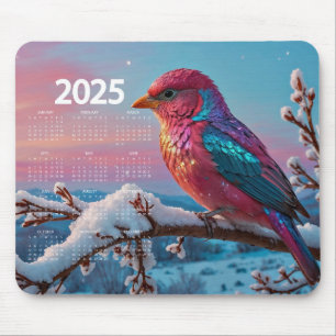 Colourful Bird on a Snowy Tree Branch 2025 Calenda Mouse Pad