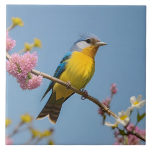 Colourful Bird on Blooming Branch Ceramic Tile