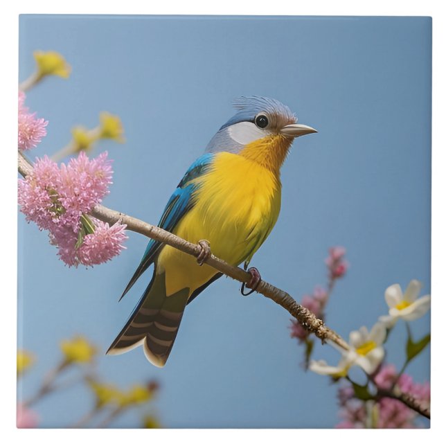 Colourful Bird on Blooming Branch Ceramic Tile (Front)
