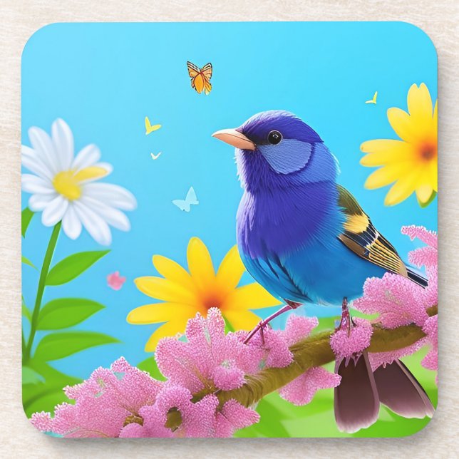 Colourful Bird on Blooming Branch Coaster (Front)