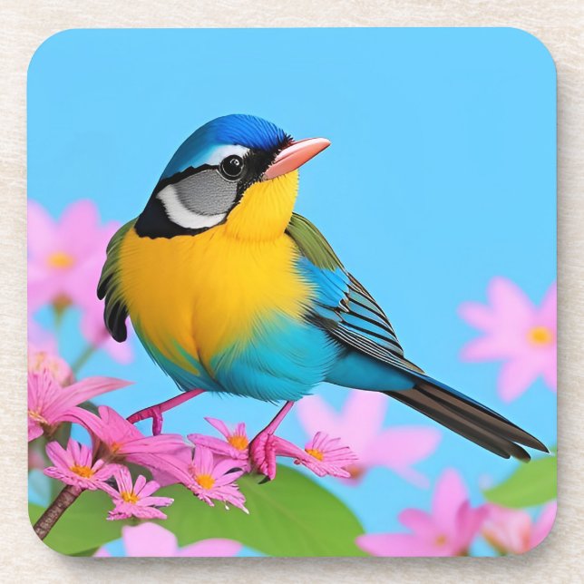 Colourful Bird on Blooming Branch Coaster (Front)