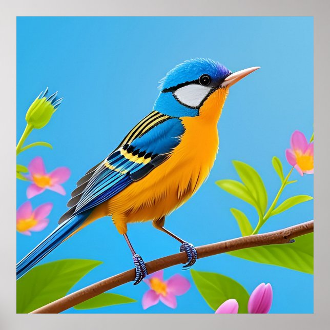 Colourful Bird on Blooming Branch Poster (Front)