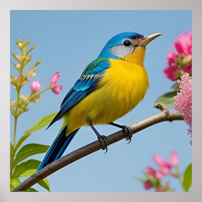 Colourful Bird on Blooming Branch Poster (Front)